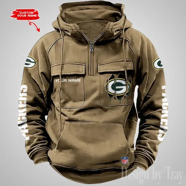 Green Bay Packers Designer Hoodies For Men Casual Fashion Solid Multi-Pocket Zipper Long Slevee AZVMHD875 - Image 5