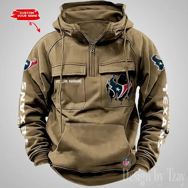 Houston Texans Designer Hoodies For Men Casual Fashion Solid Multi-Pocket Zipper Long Slevee AZVMHD876 - Image 2