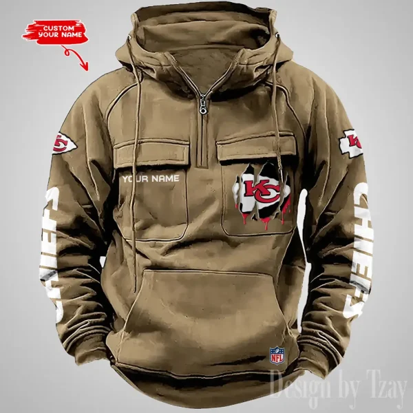 Kansas City Chiefs Designer Hoodies For Men Casual Fashion Solid Multi-Pocket Zipper Long Slevee AZVMHD879 - Image 2