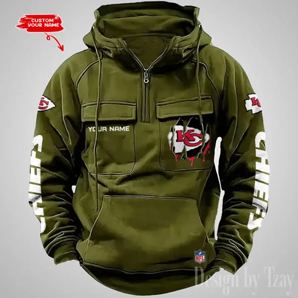 Kansas City Chiefs Designer Hoodies For Men Casual Fashion Solid Multi-Pocket Zipper Long Slevee AZVMHD879 - Image 3