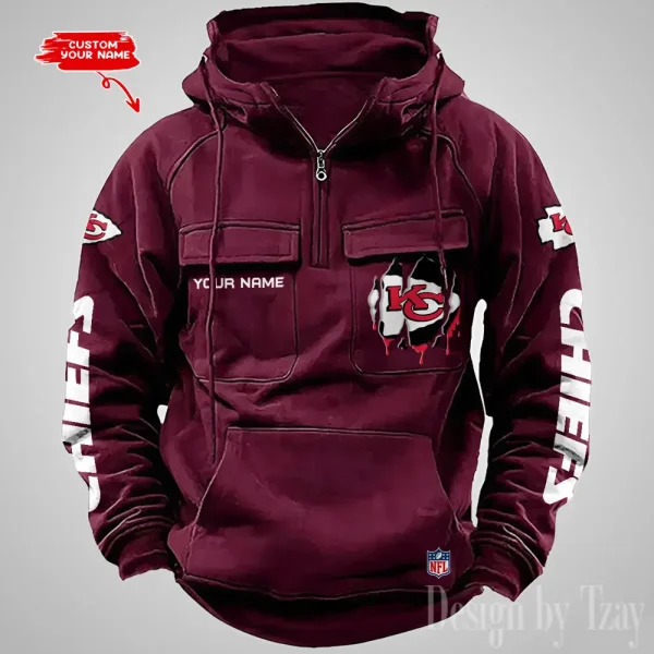 Kansas City Chiefs Designer Hoodies For Men Casual Fashion Solid Multi-Pocket Zipper Long Slevee AZVMHD879 - Image 5
