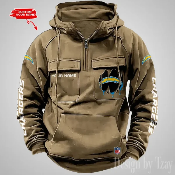 Los Angeles Chargers Designer Hoodies For Men Casual Fashion Solid Multi-Pocket Zipper Long Slevee AZVMHD881 - Image 3
