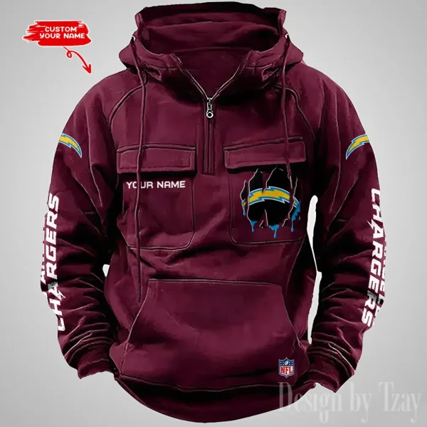 Los Angeles Chargers Designer Hoodies For Men Casual Fashion Solid Multi-Pocket Zipper Long Slevee AZVMHD881 - Image 4