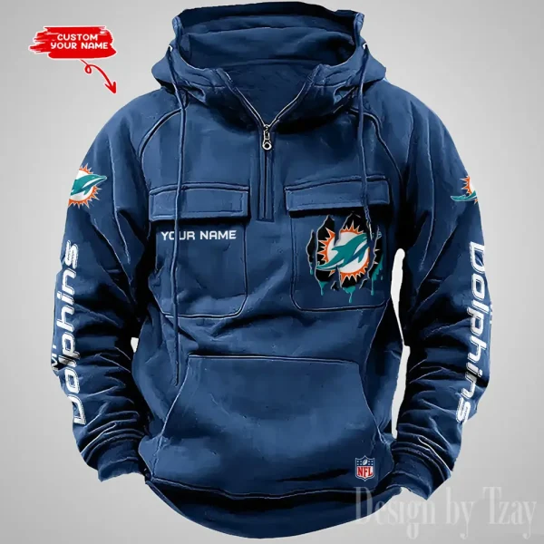 Miami Dolphins Designer Hoodies For Men Casual Fashion Solid Multi-Pocket Zipper Long Slevee AZVMHD883 - Image 3