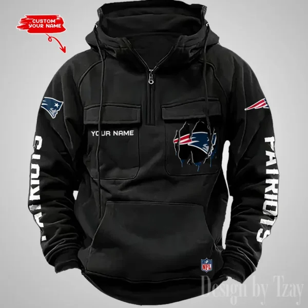 New England Patriots Designer Hoodies For Men Casual Fashion Solid Multi-Pocket Zipper Long Slevee AZVMHD885 - Image 3