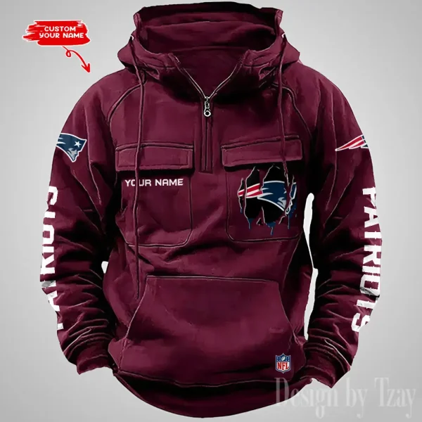 New England Patriots Designer Hoodies For Men Casual Fashion Solid Multi-Pocket Zipper Long Slevee AZVMHD885 - Image 5