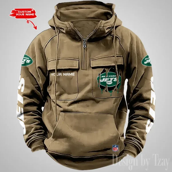 New York Jets Designer Hoodies For Men Casual Fashion Solid Multi-Pocket Zipper Long Slevee AZVMHD888 - Image 2