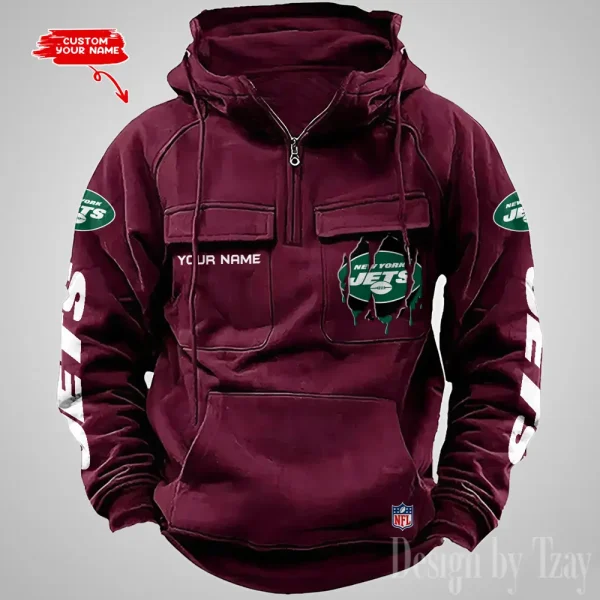 New York Jets Designer Hoodies For Men Casual Fashion Solid Multi-Pocket Zipper Long Slevee AZVMHD888 - Image 3