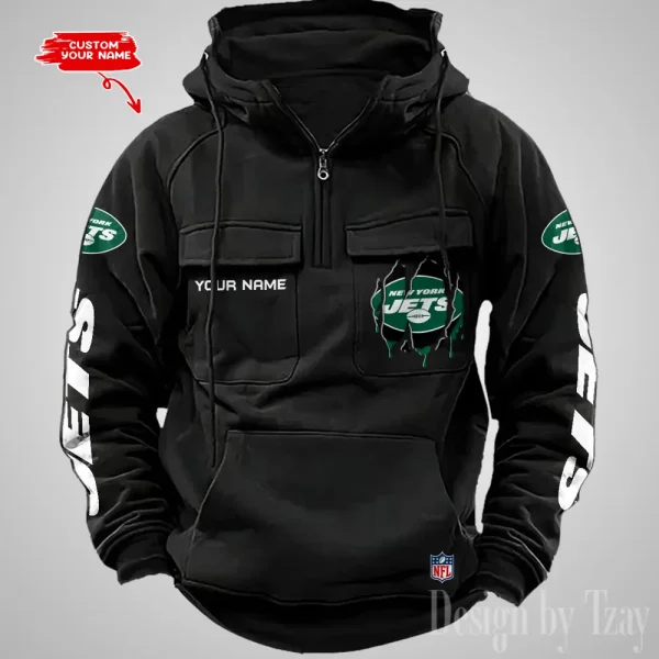New York Jets Designer Hoodies For Men Casual Fashion Solid Multi-Pocket Zipper Long Slevee AZVMHD888 - Image 4