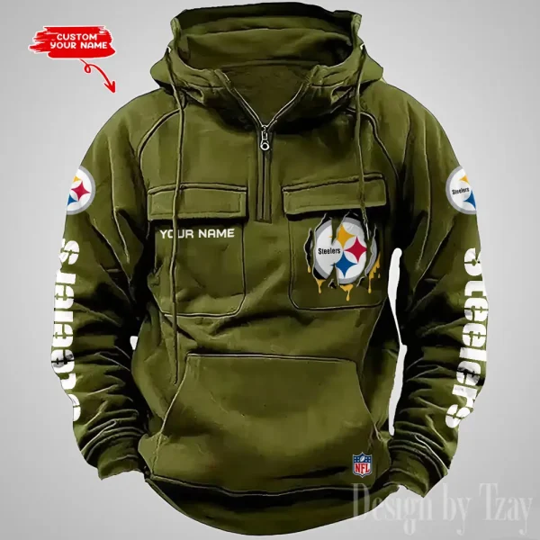 Pittsburgh Steelers Designer Hoodies For Men Casual Fashion Solid Multi-Pocket Zipper Long Slevee AZVMHD890 - Image 2