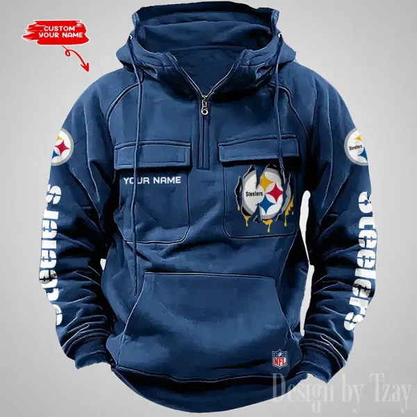 Pittsburgh Steelers Designer Hoodies For Men Casual Fashion Solid Multi-Pocket Zipper Long Slevee AZVMHD890 - Image 3
