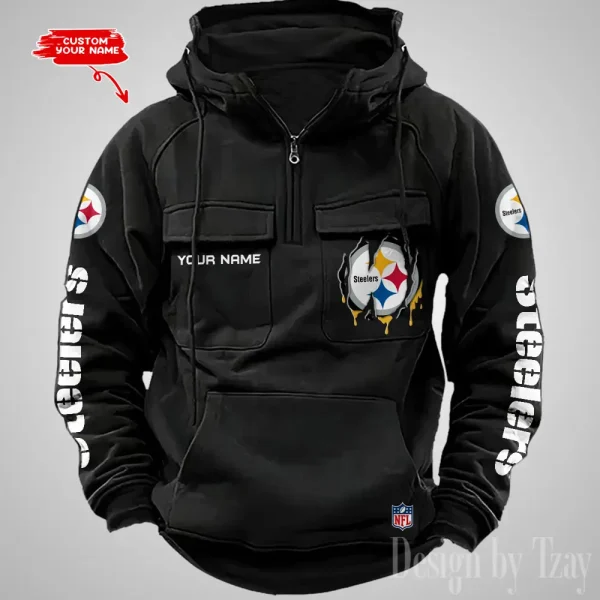 Pittsburgh Steelers Designer Hoodies For Men Casual Fashion Solid Multi-Pocket Zipper Long Slevee AZVMHD890 - Image 4