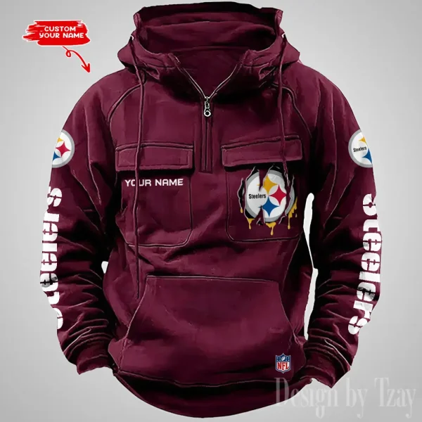Pittsburgh Steelers Designer Hoodies For Men Casual Fashion Solid Multi-Pocket Zipper Long Slevee AZVMHD890 - Image 5