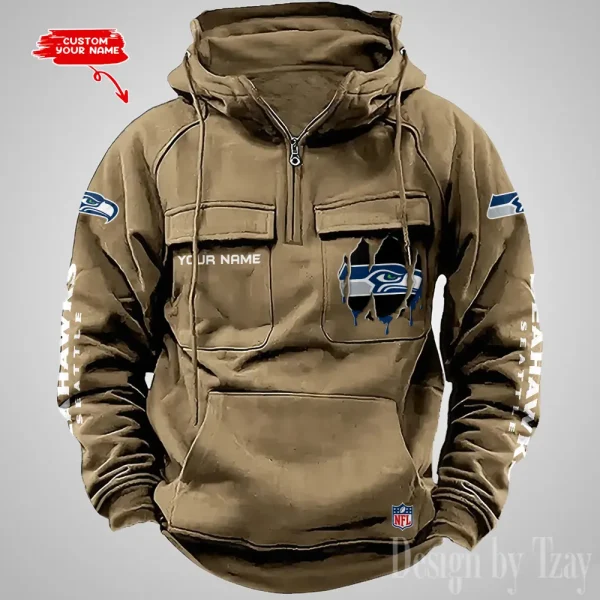 Seattle Seahawks Designer Hoodies For Men Casual Fashion Solid Multi-Pocket Zipper Long Slevee AZVMHD892 - Image 4