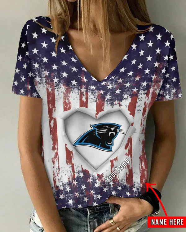 Carolina Panthers Girl Clothes Summer V-neck Short-sleeved Tees New 2025 AGCWTS1130