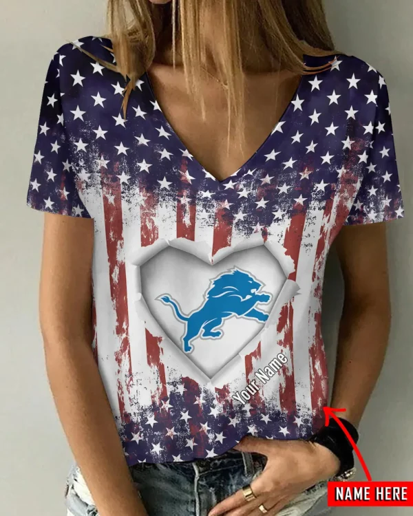 Detroit Lions Girl Clothes Summer V-neck Short-sleeved Tees New 2025 AGCWTS1136