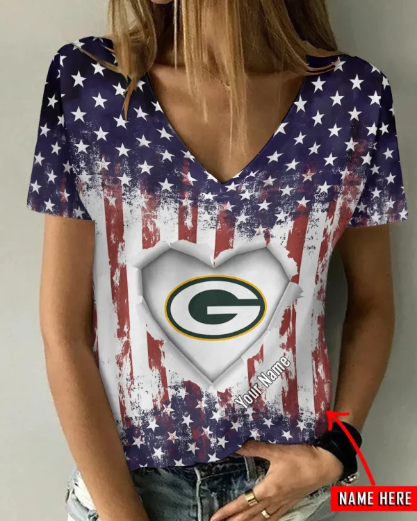 Green Bay Packers Girl Clothes Summer V-neck Short-sleeved Tees New 2025 AGCWTS1137
