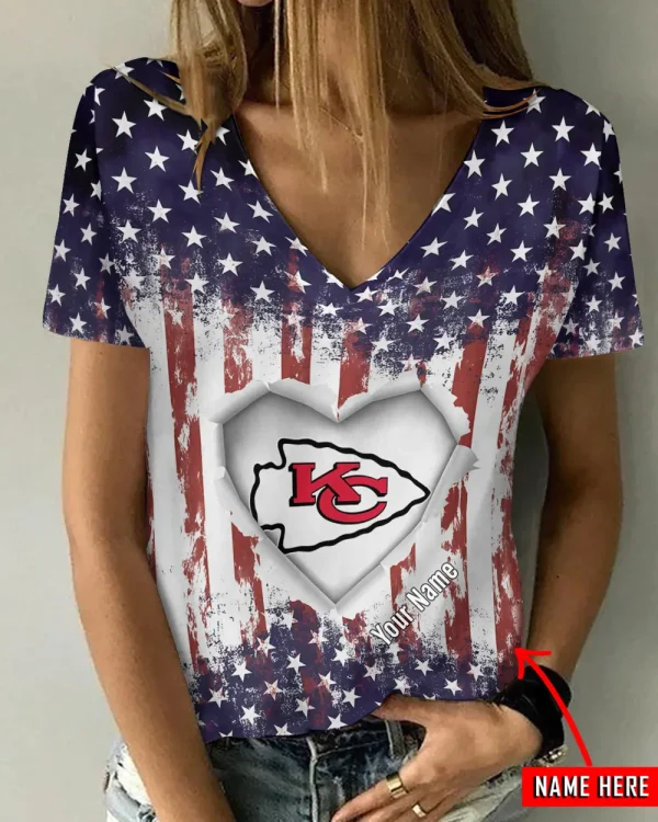 Kansas City Chiefs Girl Clothes Summer V-neck Short-sleeved Tees New 2025 AGCWTS1141