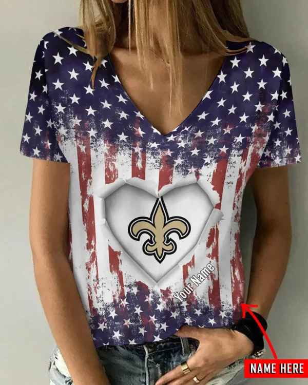 New Orleans Saints Girl Clothes Summer V-neck Short-sleeved Tees New 2025 AGCWTS1148