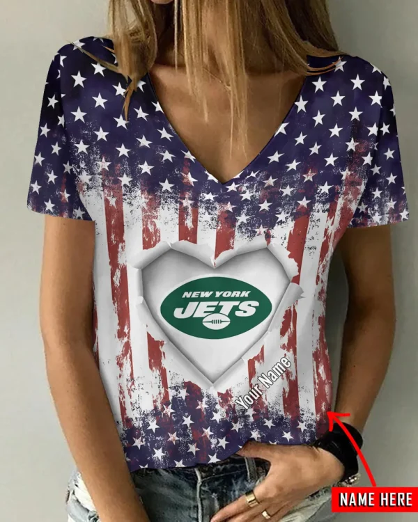 New York Jets Girl Clothes Summer V-neck Short-sleeved Tees New 2025 AGCWTS1150
