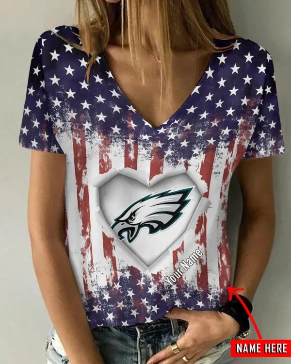 Philadelphia Eagles Girl Clothes Summer V-neck Short-sleeved Tees New 2025 AGCWTS1151