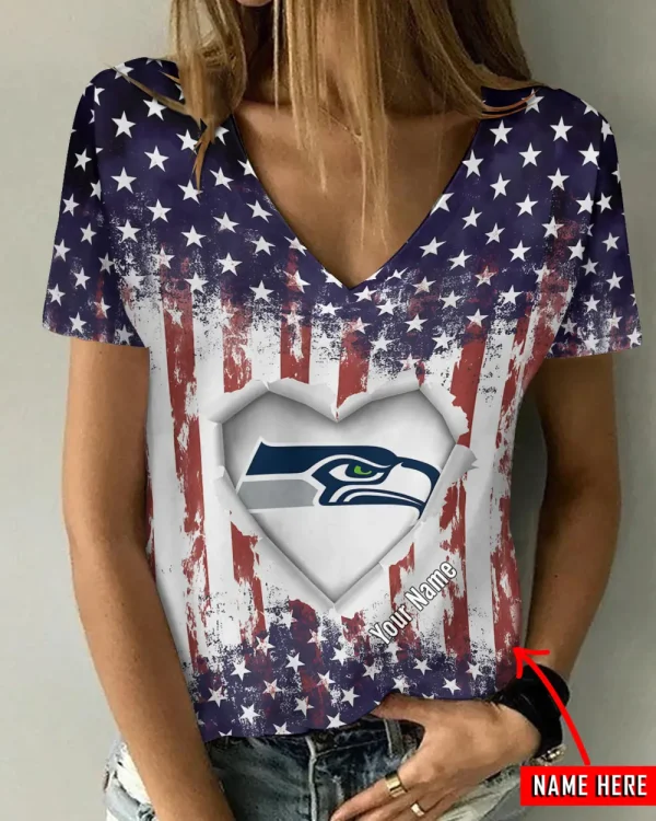 Seattle Seahawks Girl Clothes Summer V-neck Short-sleeved Tees New 2025 AGCWTS1154