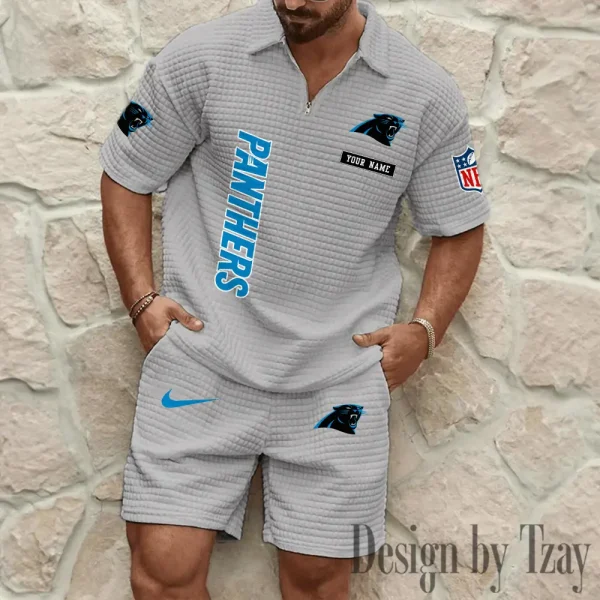 Carolina Panthers Men's Waffle Knit Short Sleeve Slim Fit Soft Summer And Shorts BSPTWHZSS348 - Image 3