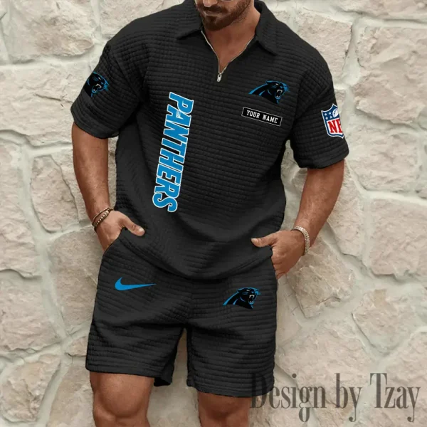 Carolina Panthers Men's Waffle Knit Short Sleeve Slim Fit Soft Summer And Shorts BSPTWHZSS348 - Image 7