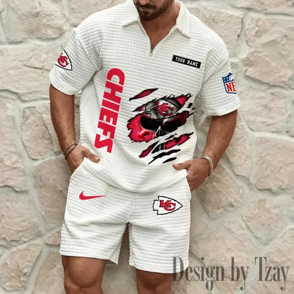 Kansas City Chiefs Men's Waffle Knit Short Sleeve Slim Fit Soft Summer And Shorts BSPTWHZSS392 - Image 4