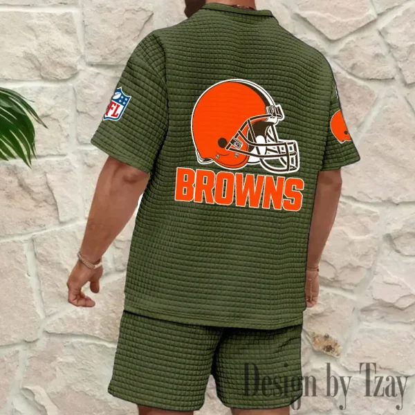 Cleveland Browns Men's Waffle Knit Short Sleeve Slim Fit Soft Summer And Shorts BSPTWHZSS351 - Image 2