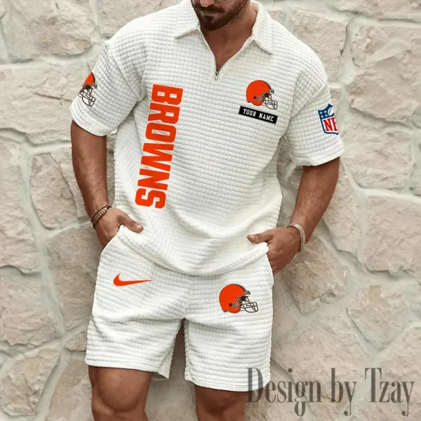 Cleveland Browns Men's Waffle Knit Short Sleeve Slim Fit Soft Summer And Shorts BSPTWHZSS351 - Image 3