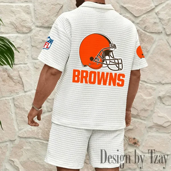 Cleveland Browns Men's Waffle Knit Short Sleeve Slim Fit Soft Summer And Shorts BSPTWHZSS351 - Image 4