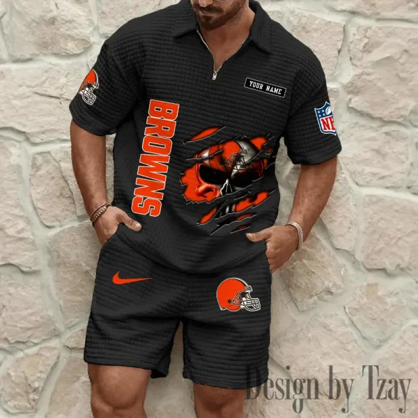 Cleveland Browns Men's Waffle Knit Short Sleeve Slim Fit Soft Summer And Shorts BSPTWHZSS384 - Image 3