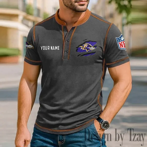 Baltimore Ravens Men's Button Neck T-Shirt Short Sleeve Casual New Design 2025 SPTBNT003