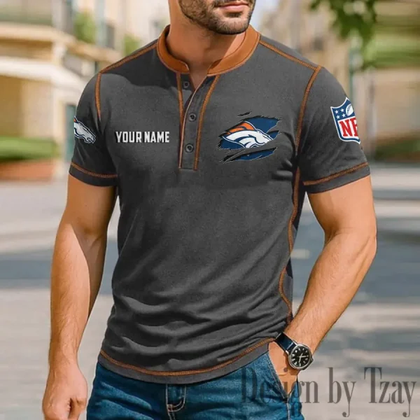 Denver Broncos Men's Button Neck T-Shirt Short Sleeve Casual New Design 2025 SPTBNT010
