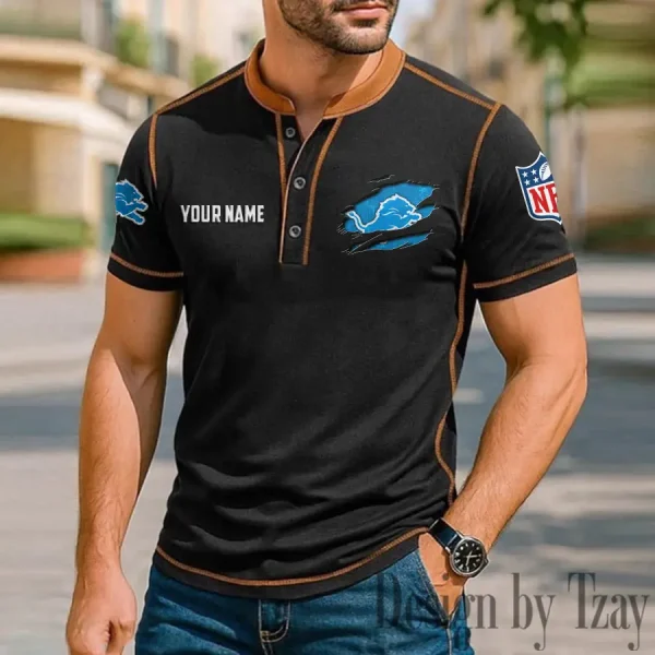 Detroit Lions Men's Button Neck T-Shirt Short Sleeve Casual New Design 2025 SPTBNT011 - Image 3