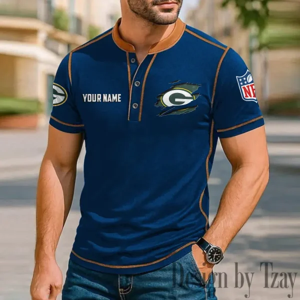 Green Bay Packers Men's Button Neck T-Shirt Short Sleeve Casual New Design 2025 SPTBNT012