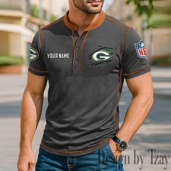 Green Bay Packers Men's Button Neck T-Shirt Short Sleeve Casual New Design 2025 SPTBNT012 - Image 3