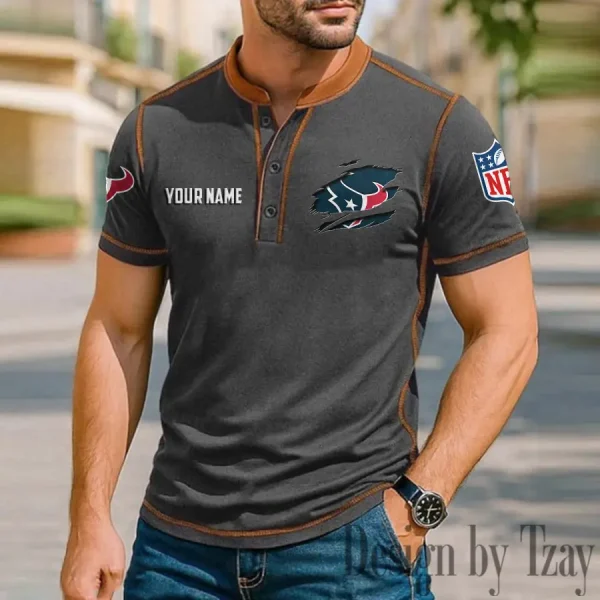 Houston Texans Men's Button Neck T-Shirt Short Sleeve Casual New Design 2025 SPTBNT013