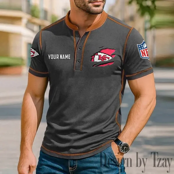 Kansas City Chiefs Men's Button Neck T-Shirt Short Sleeve Casual New Design 2025 SPTBNT016