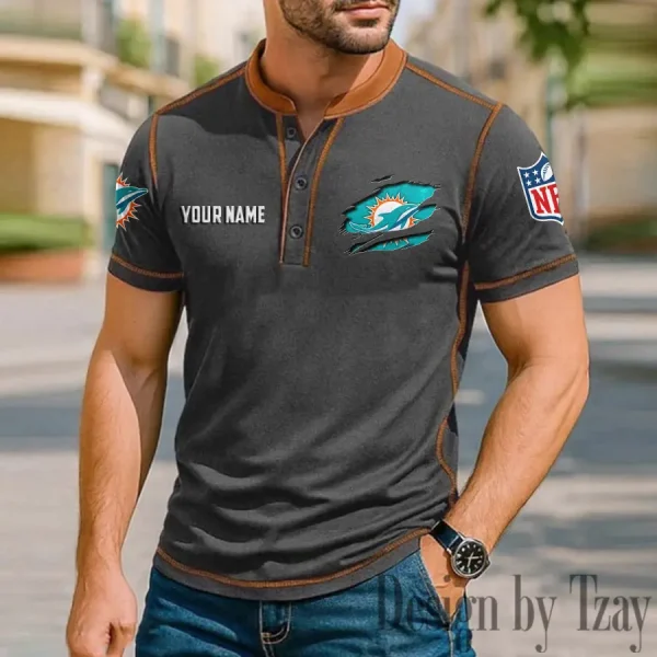 Miami Dolphins Men's Button Neck T-Shirt Short Sleeve Casual New Design 2025 SPTBNT020