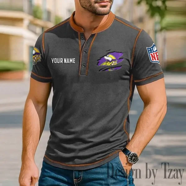 Minnesota Vikings Men's Button Neck T-Shirt Short Sleeve Casual New Design 2025 SPTBNT021 - Image 3