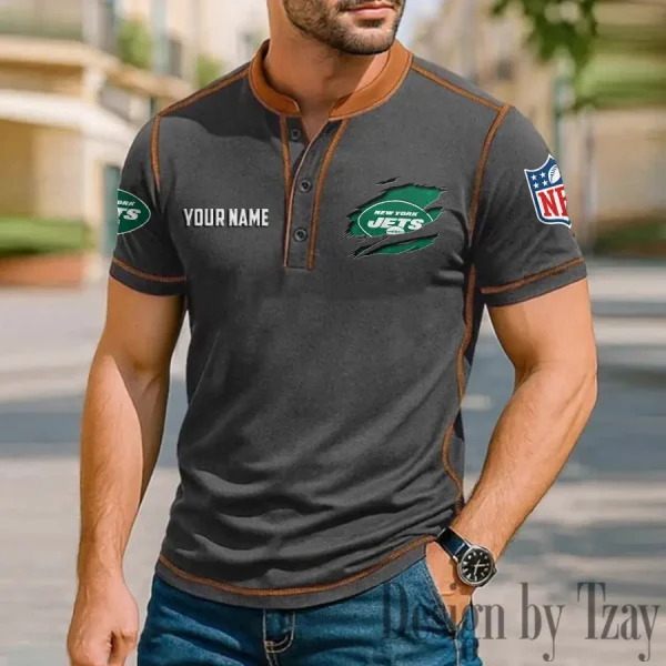 New York Jets Men's Button Neck T-Shirt Short Sleeve Casual New Design 2025 SPTBNT025 - Image 3