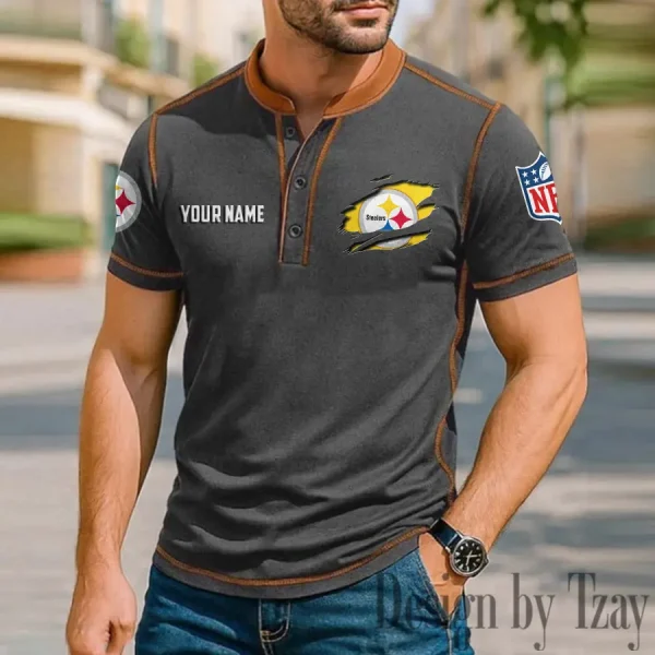 Pittsburgh Steelers Men's Button Neck T-Shirt Short Sleeve Casual New Design 2025 SPTBNT027 - Image 3