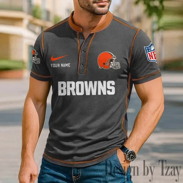Cleveland Browns Men's Button Neck T-Shirt Short Sleeve Casual New Design 2025 SPTBNT040 - Image 2