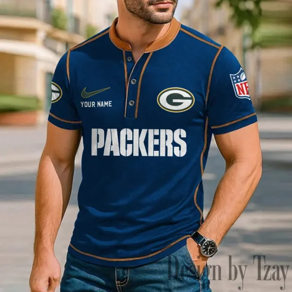 Green Bay Packers Men's Button Neck T-Shirt Short Sleeve Casual New Design 2025 SPTBNT044