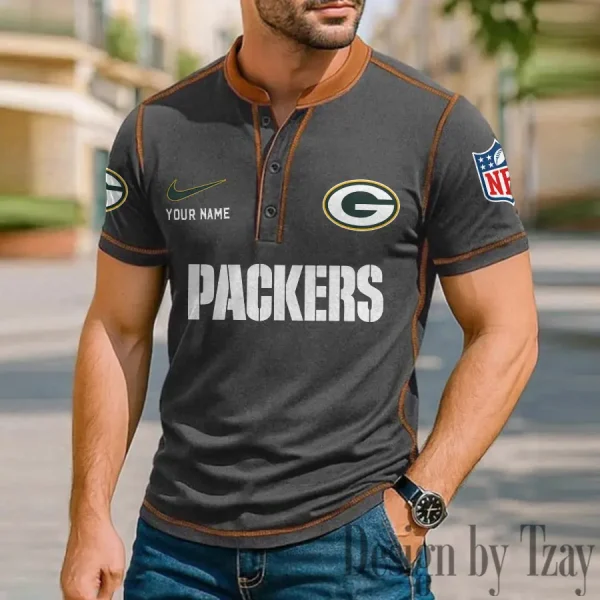 Green Bay Packers Men's Button Neck T-Shirt Short Sleeve Casual New Design 2025 SPTBNT044 - Image 2
