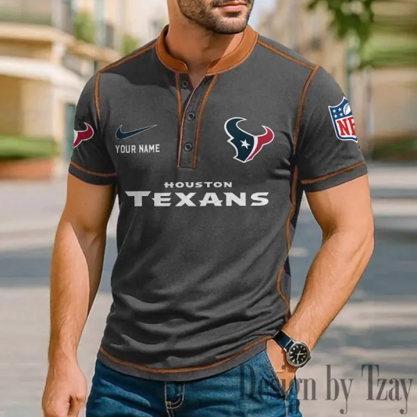 Houston Texans Men's Button Neck T-Shirt Short Sleeve Casual New Design 2025 SPTBNT045