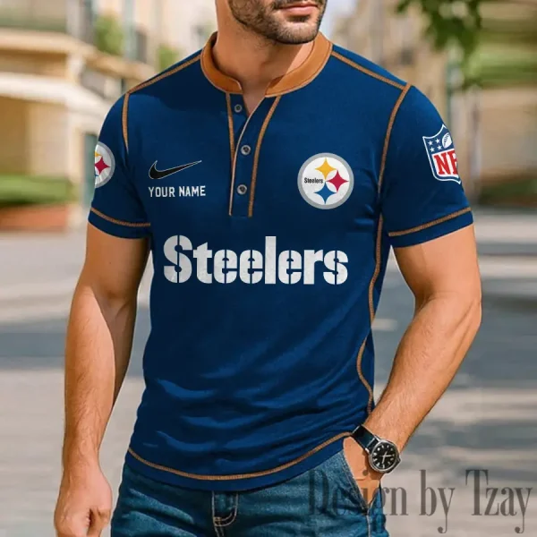 Pittsburgh Steelers Men's Button Neck T-Shirt Short Sleeve Casual New Design 2025 SPTBNT059 - Image 2