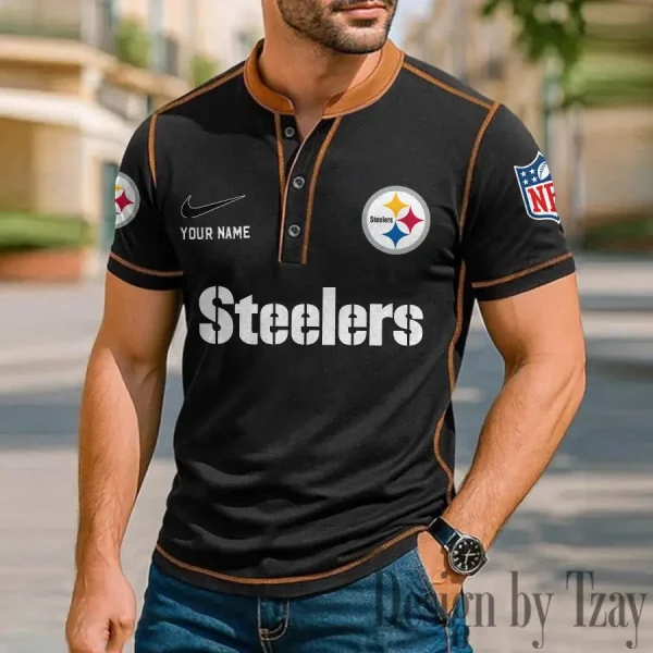 Pittsburgh Steelers Men's Button Neck T-Shirt Short Sleeve Casual New Design 2025 SPTBNT059 - Image 3